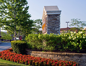 Curb appeal. The shopping center sign is surrounded by 27 flower beds. The hedge rose and shrubbery are hand pruned for lighting quality and a formal look. Photo: Linda Oyama Bryan