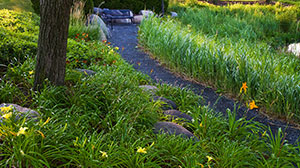 Clean slate. The walking paths are made from slate chips and raked weekly for a leveled ground. Photo: Linda Oyama Bryan