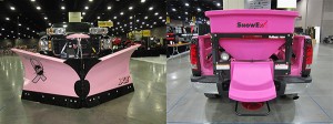 A pink Fisher XV2 V-plow and a pink SnowEx SP-7550 spreader were raffled off at the 2013 GIE+EXPO as a fundraiser for breast cancer awareness. Photo: Troy Clogg.