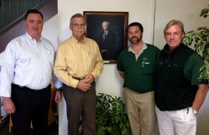 (From left) Peter Andreucci, manager of Bartlett’s California offices; Randy Finch, former owner of Finch Tree; a portrait of Fred Finch, founder of Finch Tree; Daniel Goyette, former president of Finch Tree; Dan Thacker, Finch Tree operations manager and arborist representative. Photo: Bartlett.