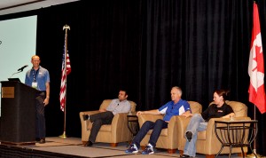 (From left) Martin Tirado, SIMA CEO; Raqib Omer of University of Waterloo Ontario; Mike Anderson, SIMA board chair and president of Snow & Ice Pros; and Laura Ingram, director of operations at Ingram Enterprises.