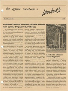 A Lambert's newsletter announcing the company's shift to organic lawn care.