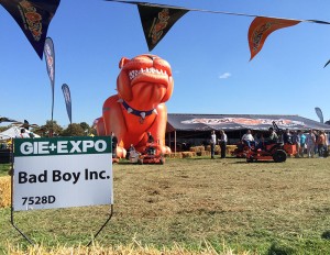 A blow-up mascot marks Bad Boy's 2014 GIE+EXPO demo area. The company is showing its teeth with a lawsuit against Spartan Mowers.