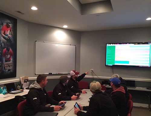 The Loving Group team members go over the firm’s schedule during a daily status meeting. Photo: The Loving Group