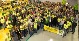 Employees at the John Deere Turf Care facility celebrate a manufacturing milestone that is building their 500,000th unit. Photo: John Deere