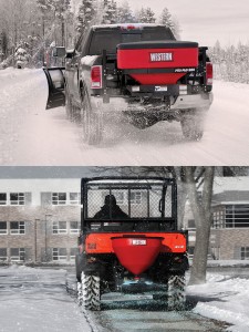 From top: The Western PRO-FLO 900 tailgate spreader and LOW-PRO 300W wireless electric tailgate spreader.