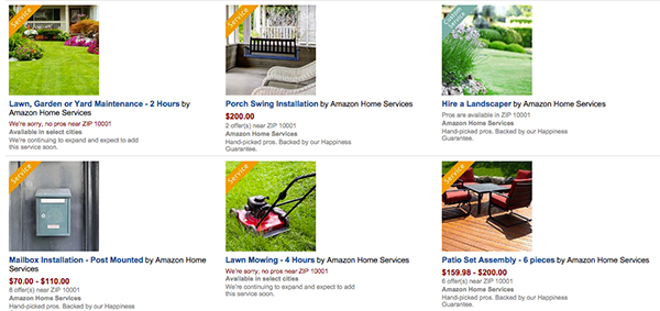 Users can search for landscape services like mowing, trimming, design/build work and more.
