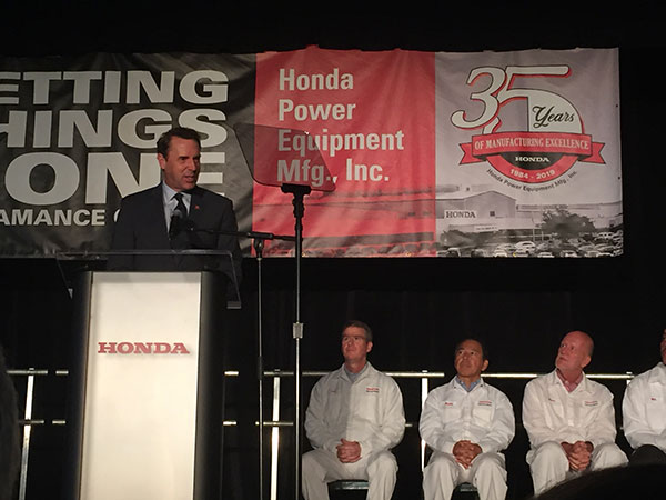 Congressman Mark Walker addresses the 750-plus associates gathered at the HRN216 Series mower unveiling. (Photo: LM Staff)