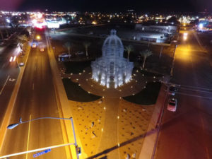 Installation of 96 LED uplighting fixtures precisely placed throughout the paver walkways incisively lighting the art piece. (Photo: Urban Habitat)