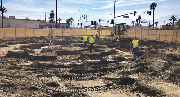 Specialized skill was required to lay out and dig the art structure footings. Since no engineering plan was available, all dimensions had been handset. (Photo: Urban Habitat)