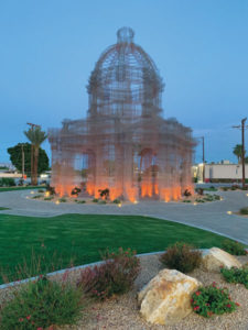 The art piece features changing LED-colored uplighting. (Photo: Urban Habitat)