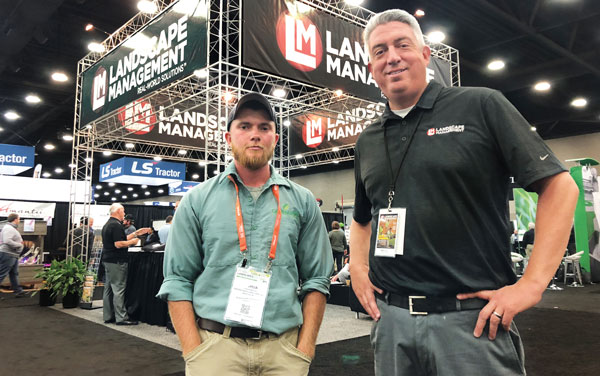 Cover model At GIE+EXPO, LM Editor-in-Chief Seth Jones (right) ran into the model for our August 2019 “Start Your Engines” cover, Josh Willis of Greenscapes Land Care, Worton, Md. (Photo: Brian Bohannon)