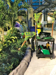 Crews tend to areas with damage caused by inflatable inner tubes being thrown into planting beds. (Photo: Steven Wagner)