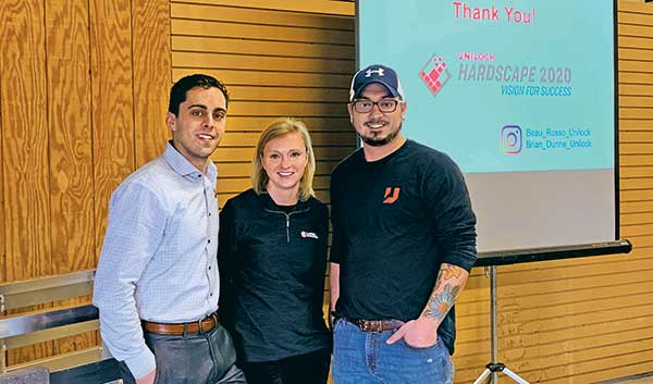 LM Editor Christina Herrick is with Brian Dunne, Unilock (left), and Cameron Maneri, Kurtz Bros. (right). (Photo: LM Staff)