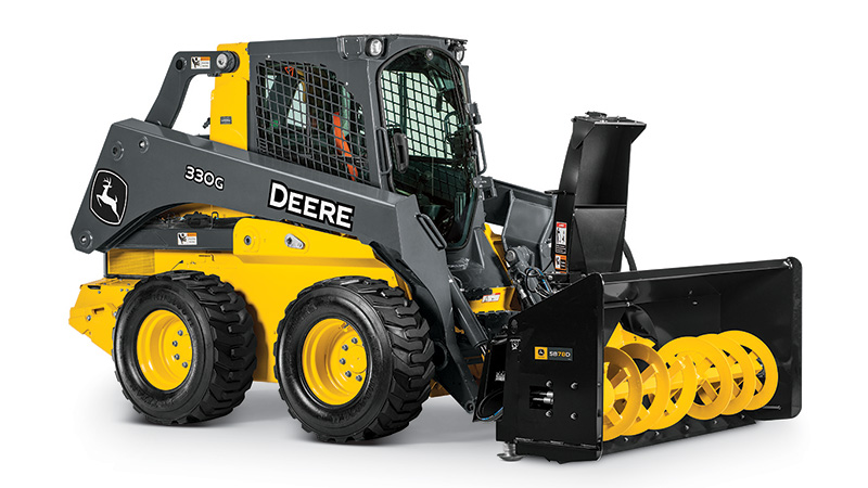 John Deere's new snow blowers incorporate features such as hydraulically operated poly-lined chutes and deflectors, reinforced wrappers, adjustable skid shoes and two auger options. (Photo: John Deere)
