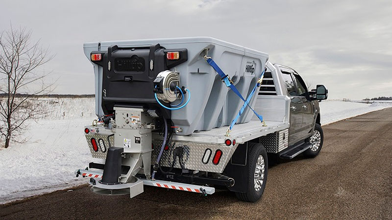 Designed for ½-ton trucks and larger, Hilltip’s IceStriker electric power spreaders handle granular salt, sand and gravel and liquid deicer. (Photo: Hilltip)