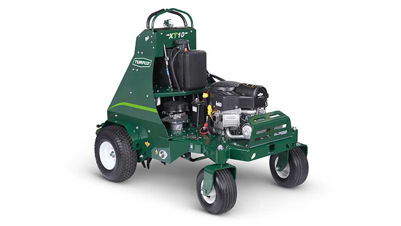 Turfco's new TurnAer X10 stand-on aerator boasts features such as zero-turn agility, auto depth control, top aerating speed of 7 mph and optional drop seeder attachment. (Photo: Turfco)
