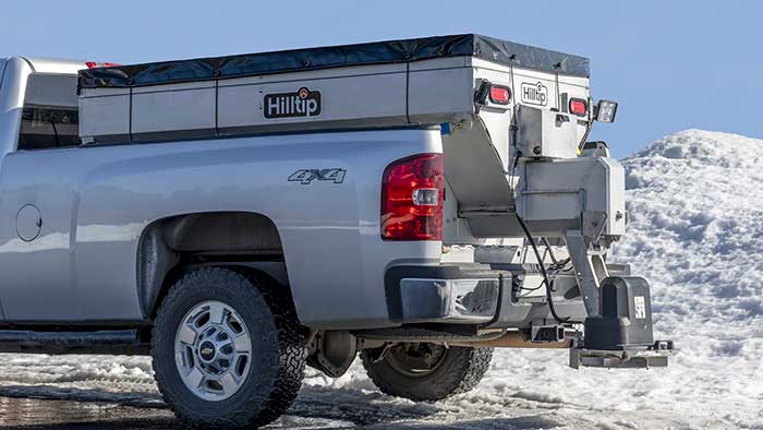 Hilltip's IceStriker 2000-3300 SSA/SSC stainless-steel salt spreaders, designed for use on three-quarter-ton trucks. (Photo: Hilltip)