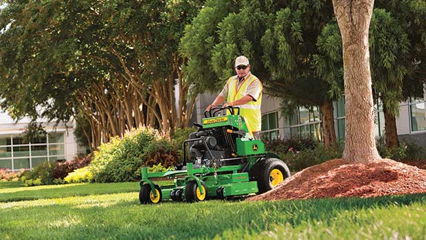 Squeeze in: Stand-on mowers take up a smaller footprint and can mow in tight spaces. (Photo: Kubota)