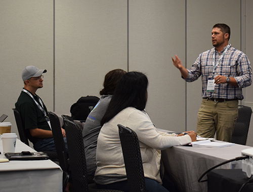Mike Farris, vice president of Elevate Landscapes, talks about snow removal at Aspire Software's users conference (Photo: LM Staff)