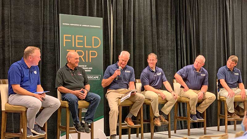 Marty Grunder, Frank Mariani, Craig Ruppert, Tom Barry, Bob Jones and Phil Key recap what NALP Field Trip tourgoers saw while at Rupper Landscape's Laytonville, Md., facility. (Photo: LM Staff)