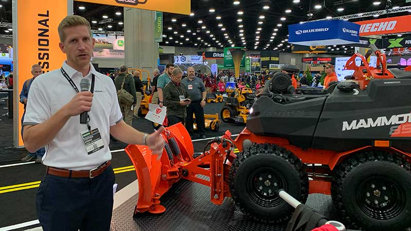 Stephen Ariens, head of product for snow for Ariens Co., introduces the company's Mammoth 850 stand-on snowblower at the 2021 GIE+EXPO. (Photo: LM Staff)