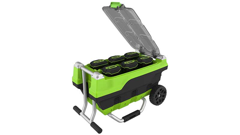 Greenworks' new six-port portable rapid charger rapidly charges six batteries at once. (Photo: Greenworks)