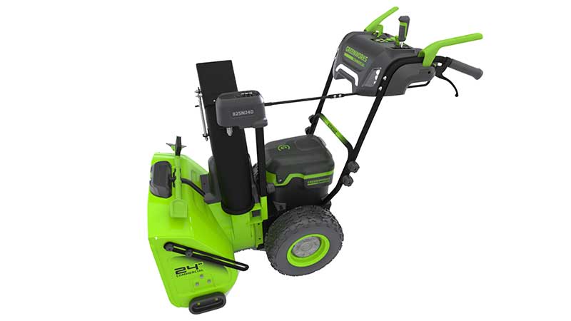 Greenworks' new 24-inch dual-stage snow blower (82SN24D) can discharge snow up to 50 feet with 200 degrees of rotation. (Photo: Greenworks)