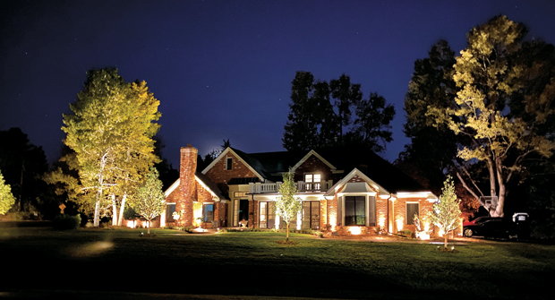 Uplighting installed for large-scale residential projects accentuates a home’s architecture and surrounding plant life. (Photo: Premier Outdoor Lighting Co)