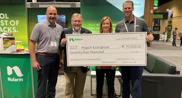 Nufarm’s Blaine Pinkerton (left) presents the check for its sponsorship of the GreenCare for Troops program to Project EverGreen Treasurer Fred Haskett (second from left), Executive Director Cindy Code (middle) and Board President Kevin Laycock (right). (Photo:Nufarm)