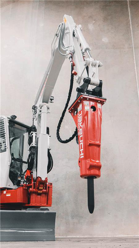Takeuchi’s new hydraulic hammer line includes seven models featuring power-to-weight ratios for a variety of applications. (Photo: Takeuchi)