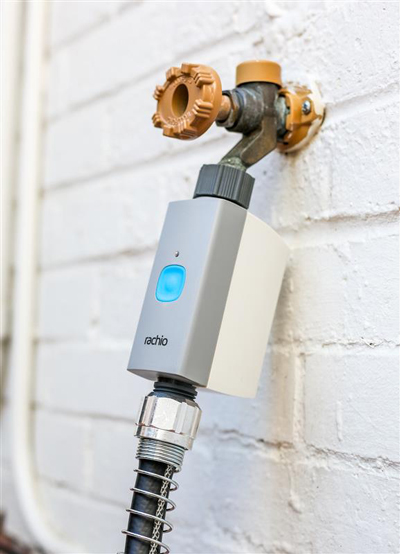 he Rachio Smart Hose Timer connects via a smart valve to an outdoor faucet and a hose or drip system. (Photo: Rachio)