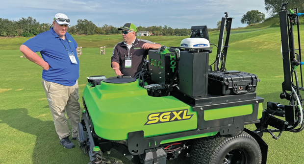 The Steel Green SGXL is the company’s largest spreader with a 120-gallon spray capacity, a 100-foot hose reel and a hillside assist system. (Photo: LM Staff)