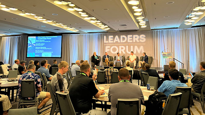 Jennifer Jorge, chief operating officer of King GREEN; Steve Bromell, CEO of Pro Cutters Lawnscapes; Rosco Klausing, president and CEO of Klausing Group; Tim Portland, chairman and CEO of Yellowstone Landscape; and Britt Wood, NALP CEO, shared their insight into being an effective leader. (Photo: LM staff)