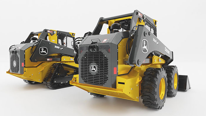 The new 334 P-Tier and 335 P-Tier offer 118 gross horsepower in addition to pressure-compensated load-sensing hydraulics. (Photo: John Deere)