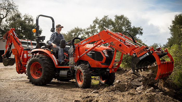 Kioti's new compact tractors feature a new integrated joystick and standard third-function controls assist with front-end loader work. (Photo: Kioti)