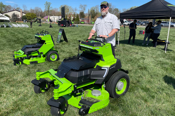 Corey Fisher, director of vehicle engineering for Greenworks shows off one of the company's stand-on mower options. (Photo: LM Staff)