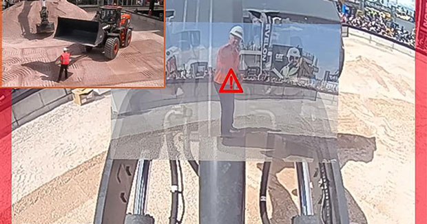 Develon's transparent bucket technology offers a see-through visual, where operators see what is in front of the loader that would otherwise be obscured by the bucket. (Photo: Develon)