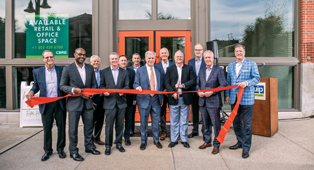Left to right: Lee Sowell, president, outdoor products group, Techtronic Industries; Cleo Battle, president and CEO, Louisville Tourism; Mike Clancy, CEO, Chervon North America; Tom Duncan, CEO, Positec; Brian Melka, group president, power, Kohler Co.; Joe Wright, president and CEO, Excel Industries; Mike Berry, secretary, Kentucky Tourism, Arts and Heritage; Tim Dorsey, president, Echo; Kris Kiser, president and CEO, OPEI; Rick Olson, chairman of the board, president and CEO, The Toro Co.; Greg Fischer, mayor of Louisville, Ky.; Dan Ariens, CEO, Ariens Co. cut the ribbon on the Equip Exposition office on Main Street in Louisville, Ky. (Photo: Allie Filley)
