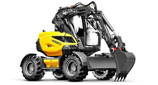 Using Mecalac’s hydraulic quick coupler, transitions between attachments such as buckets or forks can be made in under a minute from inside the cab, according to the company. (Photo: Mecalac)