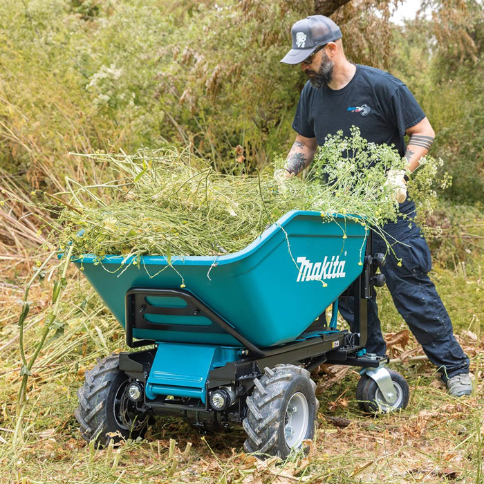 Makita's brushless material handling with dump bucket features a large 200-liter bucket, with a maximum load capacity of 660 pounds. (Photo: Makita)