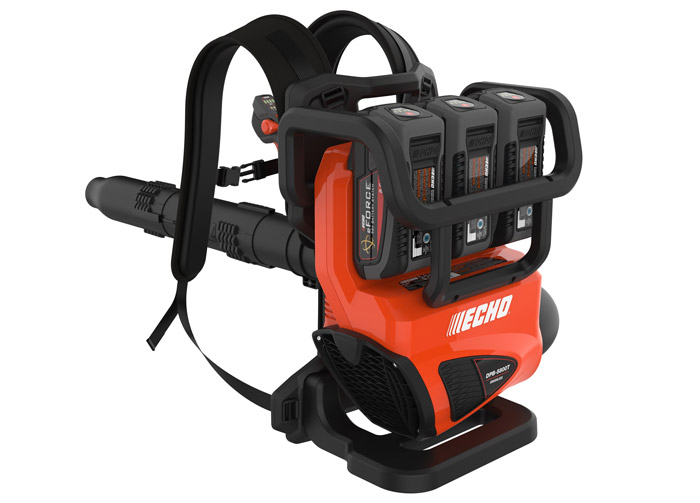 Among Echo's new product introductions is the DPB-5800T, a three-port battery-powered backpack blower, that delivers up to 795 cfm of air volume with speeds up to 195 mph. (Photo: Echo)