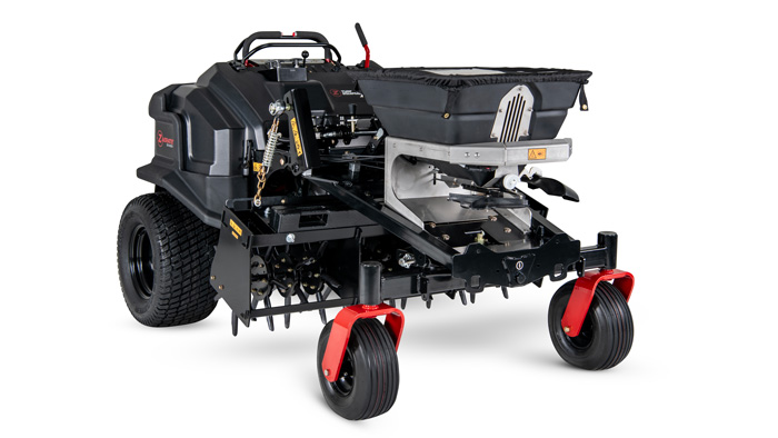 Z Turf Equipment's new Z-Aerate 50 stand-on aerator has the ability to aerate up to four acres per hour while simultaneously applying granular material. (Photo: Z Turf Equipment)