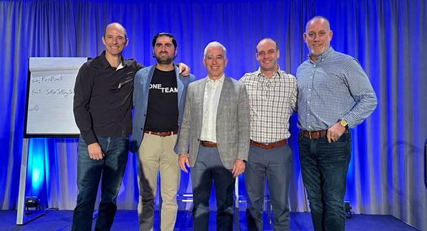 (Left to right) Speakers at the Jeffrey Scott Executive Retreat were Chris Distefano, president of di Stefano Landscaping, Ted Lucia, president of Lucia Landscaping, Jeffrey Scott, Mitch Katz, director of operations at Jeffrey Scott Consulting and Jerry Schill, president and CEO of Schill Grounds Management. (Photo courtesy of Jeffrey Scott)