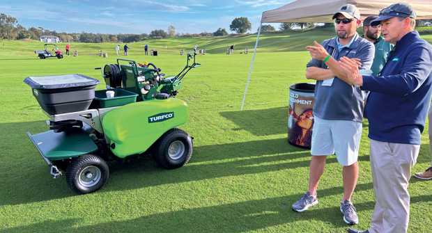 George Kinkead (far right) is the president of Turfco, a company that is over 100 years old and now in its fourth generation as a family-owned business. Kinkead personally gives the demonstrations to LM Growth Summit attendees and listens to their feedback. (Photo: LM Staff)