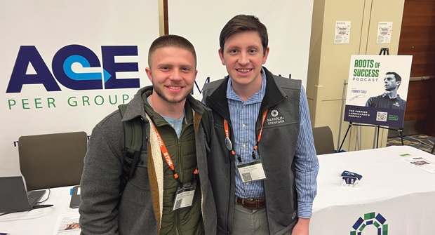 Italy travel friends reunite: The last time we saw Josh Amigo (left) G and G Landscape, Charlotte, N.C., and Paul Myers, McFarlin Stanford, it was as we waved goodbye to them in the mountains of Tuscany, Italy following the Aces Wild trip. We ran into them again at Grow! 2024 in Des Moines, Iowa. (Photo: LM Staff)