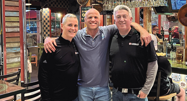 Always time for Tex-Mex: Luke Hawthorne, COO, Emerald Lawns, Austin, Texas (center), took time out of his evening to treat LM Publisher Bill Roddy (left) and Editor-in-Chief Seth Jones to a fine Tex-Mex dinner. (Photo: LM Staff)