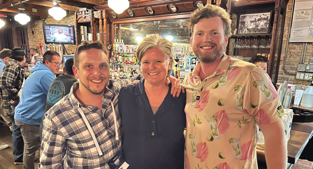 Three buds at Stubb’s: (Left to right) Eric Barnes, hydrate manager, Plants Creative Landscape, Scottdale, Ga.; Pam Dooley, owner, Plants Creative Landscape; and Ben Mason, VP of sales, Weathermatic, at Stubb’s BBQ during Weathermatic’s third annual SmartCon. (Photo: LM Staff)