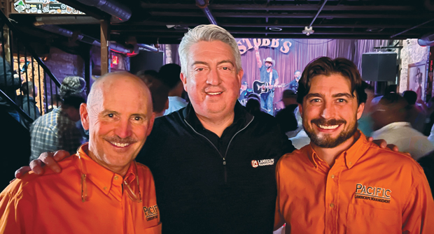 Everything is bigger in Texas: Including the smiles on friends Bob Grover, president, Pacific Landscape, Portland, Ore., Jones and David Grover, branch manager, Pacific Landscape. (Photo: LM Staff)