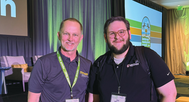 Social media meetup: Ryan Markewich, founder of Creative Roots Landscaping Kelowna, British Columbia, (left) might be a familiar face if you’re a regular visitor to Landscape Management’s LinkedIn page. LM’s Rob DiFranco met up with Markewich at the LMN Mastermind Summit. (Photo: LM Staff)